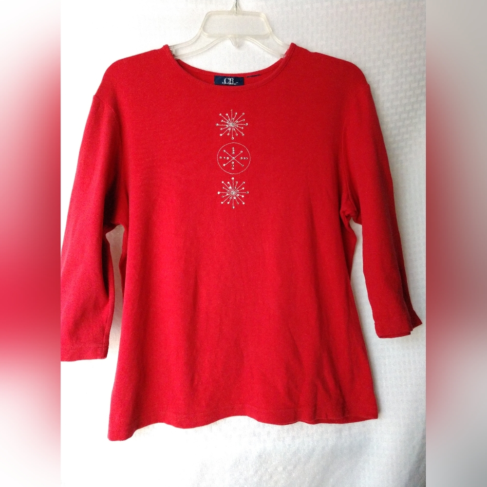 C.B. Casual Christmas Top Shirt Red Rhinestone Sparkle Snowflake Starbursts M